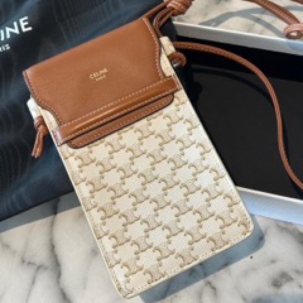 Celine Phone Pouch with Flap in Triomphe Canvas and Lambskin